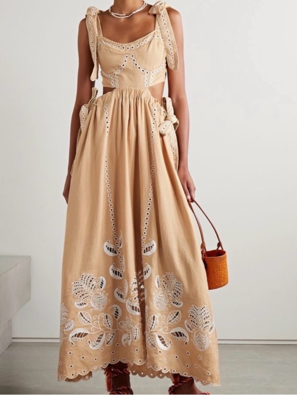 FARM Rio Beige Eyelet Tie-Shoulder Maxi Dress